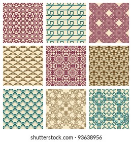 Set of nine seamless pattern in retro style