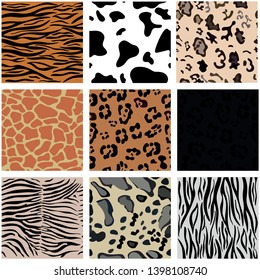 Set of nine seamless patterns with animal skin. Vector image.