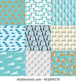 Set of nine seamless patterns with animals, fish and birds