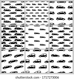 Set of nine seamless patterns with black cars on white background. Vector illustration.
