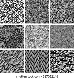 Set of nine seamless patterns, black-white wave background, vector illustration