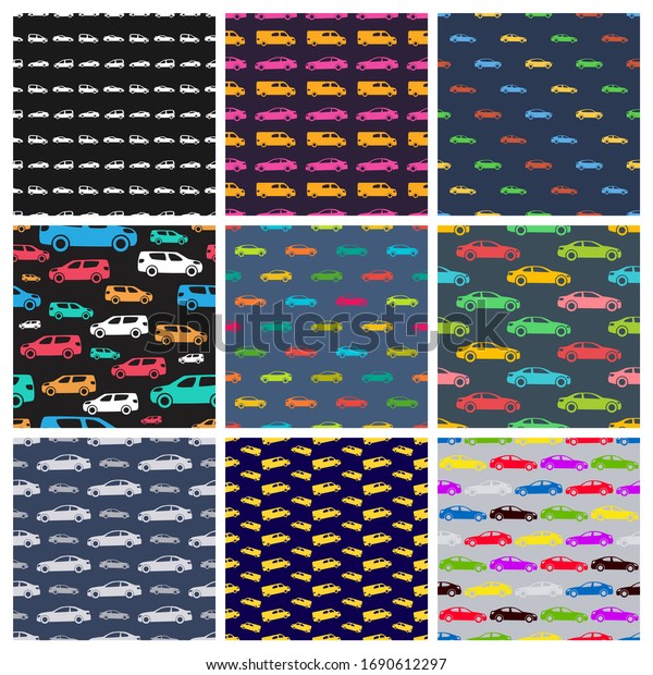 Set of nine seamless patterns with\
cars on multicolor background. Vector\
illustration.