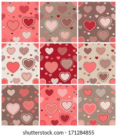 Set of nine seamless patterns with hearts. Vector illustration