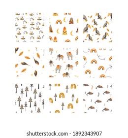 Set of nine seamless patterns in scandinavian style. Hand drawing vector illustration.
