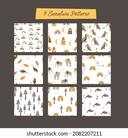 Set of nine seamless patterns in scandinavian style. Hand drawing vector illustration.