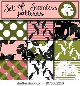 Set of nine seamless patterns with tropical birds and leaves.  Toucan, dots, monsters leaves and strips ornaments.