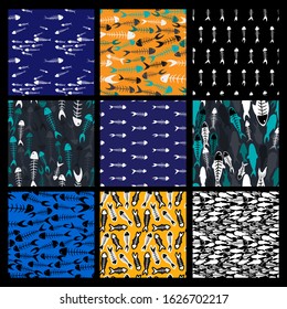 set of nine seamless templates with fish skeletons. cartoon seamless pattern. concept of magic, mysticism and voodoo. for fabric, cards, prints, wallpapers