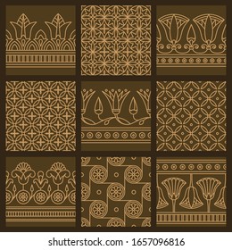 Set of nine a seamless vector illustration based on the Egyptian national ornament with lotus flower, scarab, ankh on a different background.