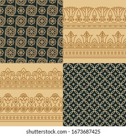 Set of nine a seamless vector illustration based on the Egyptian national ornament with lotus flower, scarab, ankh on a different background.