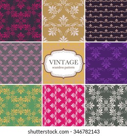 Set of nine seamless vintage pattern. Vector background for textile design. Seamless pattern can be used for wallpaper, pattern fills, web page background,surface textures.