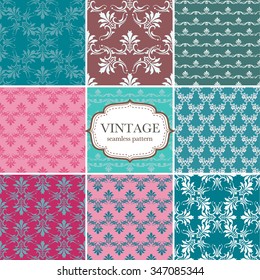 Set of nine seamless vintage pattern. Vector background for textile design. Seamless pattern can be used for wallpaper, pattern fills, web page background, surface textures.