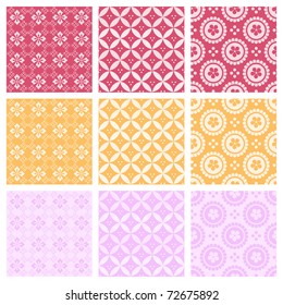 A set of nine seamlessly tiling patterns in trendy colors. All design are seamless and "pattern swatches" included in file, for your convenient use.