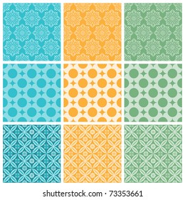 A set of nine seamlessly tiling patterns in trendy colors. All design are seamless and "pattern swatches" included in file, for your convenient use.
