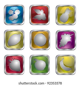 Set of nine shiny fruit icons/buttons, the vectors contain no transparencies.
