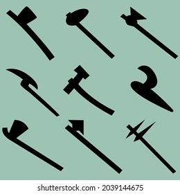 Set of nine silhouettes of axes. Image for icons, games, sites and more. Vector illustration.