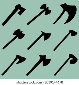 Set of nine silhouettes of axes. Image for icons, games, sites and more. Vector illustration.