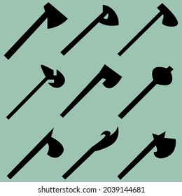 Set of nine silhouettes of axes. Image for icons, games, sites and more. Vector illustration.