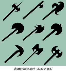 Set of nine silhouettes of axes. Image for icons, games, sites and more. Vector illustration.