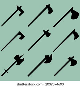 Set of nine silhouettes of axes. Image for icons, games, sites and more. Vector illustration