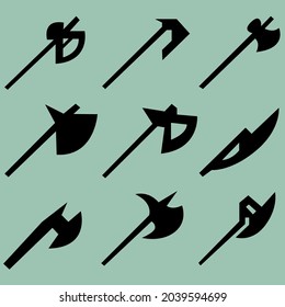 Satz von neun Silhouetten von Achsen. Bild für Symbole, Spiele, Seiten und mehr. Vektorgrafik