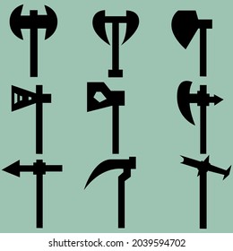 Satz von neun Silhouetten von Achsen. Bild für Symbole, Spiele, Seiten und mehr. Vektorgrafik