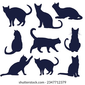 A set of nine silhouettes of cats
