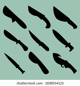 Set of nine silhouettes of combat knives. Image for icons, icons, games, sites and more. Vector illustration