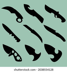 Conjunto de nueve siluetas de cuchillos de combate. Imagen para iconos, iconos, juegos, sitios y más. Ilustración del vector