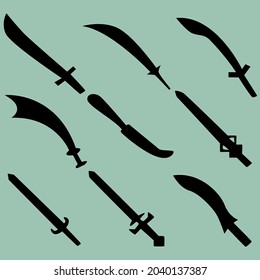 Satz von neun Silhouetten Kampfschwertern. Bild für Symbole, Symbole, Spiele, Seiten und mehr. Vektorgrafik.