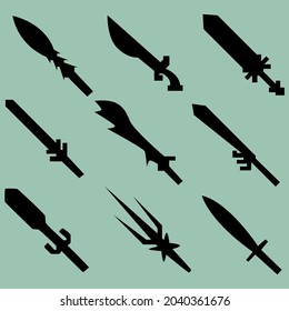 Conjunto de nueve siluetas de espadas de combate. Imagen para iconos, iconos, juegos, sitios y más. Ilustración vectorial.