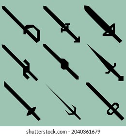 Satz von neun Silhouetten Kampfschwertern. Bild für Symbole, Symbole, Spiele, Seiten und mehr. Vektorgrafik.