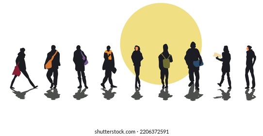 Set of nine silhouettes of different people with colored silhouettes of bags, briefcases, clothes or faces. Isolated vector illustration with shadow on white and yellow background.