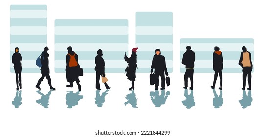 Conjunto de nueve siluetas de diferentes personas con siluetas de colores de bolsas, maletas, ropa o caras. Ilustración vectorial aislada con sombra azul sobre fondo blanco y fondo de edificios.