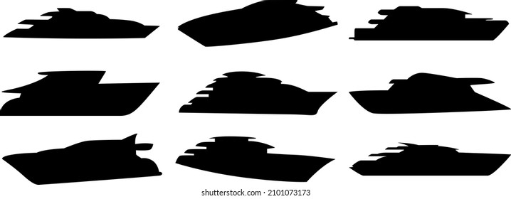 A set of nine silhouettes of expensive yachts. Vector illustration.