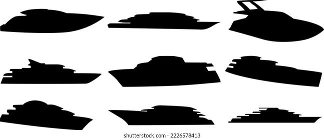 A set of nine silhouettes of expensive yachts.