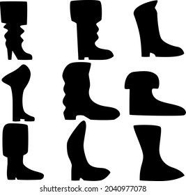 Set of nine silhouettes of medieval shoes for games, websites, design, and more. Vector illustration.