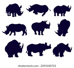 Set of nine silhouettes of rhinos