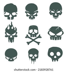 Set of nine silhouettes of skulls with bones