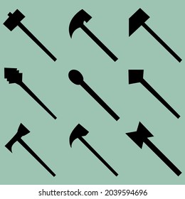 Set of nine silhouettes of war hammers. Image for icons, icons, games, sites and more. Vector illustration