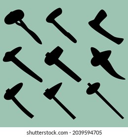 Conjunto de nueve siluetas de martillos de guerra. Imagen para iconos, iconos, juegos, sitios y más. Ilustración del vector
