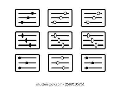 Set of nine simple adjustable settings icons.