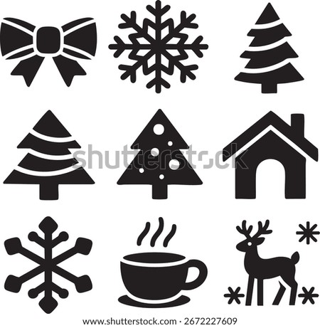 Set of nine simple black Christmas icons: bow, snowflakes, trees, house, coffee, reindeer.