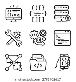 A set of nine simple black line icons representing various aspects of software development and coding.
