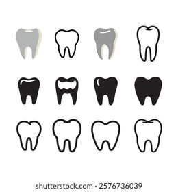 A set of nine simple, black and white, and grayscale tooth icons, showcasing various dental conditions and colors.