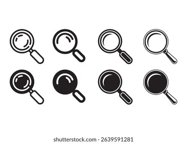 Set of Nine Simple Black and White Magnifying Glass Icons
