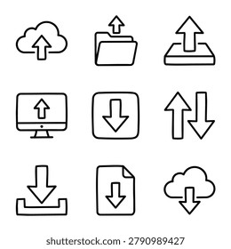 A set of nine simple black and white line art icons representing upload and download actions for digital data transfer.