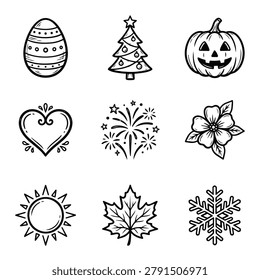 A set of nine simple black and white hand drawn icons representing holidays and seasons including Easter egg Christmas tree pumpkin heart fireworks flower sun maple leaf and snowflake