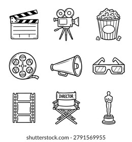A set of nine simple black and white line art icons representing elements of movie making and cinema.