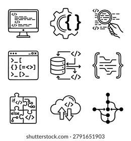 A set of nine simple black and white line art icons representing various aspects of computer programming and coding concepts.