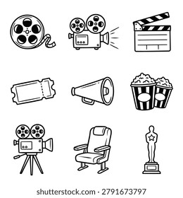 A set of nine simple black and white line art icons representing movie and cinema elements like film reels and projectors